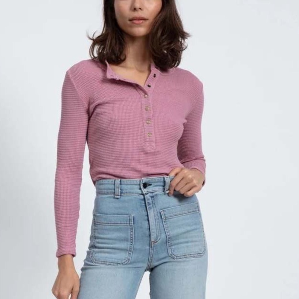 Askk Ny Snap Henley Waffle Knit Dusty Pink Long Sleeve
